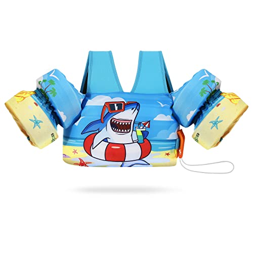 MoKo Kinder Schwimmflügel, Cartoon Schwimmweste mit Schultergurt Schwimmtraining Jacke Schwimmende Badeanzug Schwimm Zubehör mit Doppel Sicherheitsschnalle für Jungen Mädchen, Blau & Hai von MoKo