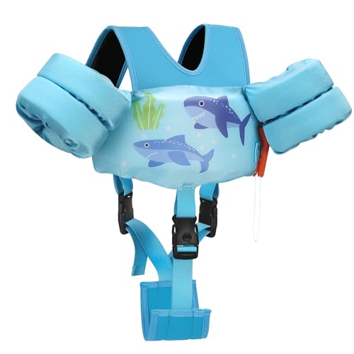 MoKo Kinder Schwimmflügel, Cartoon Schwimmweste mit Schultergurt Jacke Schwimmende Badeanzug Schwimm Zubehör mit Doppel Sicherheitsschnalle für 13-30 lbs Jungen Mädchen, Blauer Hai von MoKo