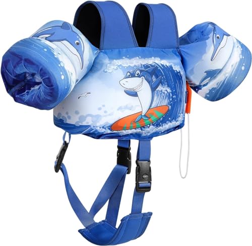 MoKo Kinder Schwimmflügel, Cartoon Schwimmweste mit Schultergurt Schwimmtraining Jacke Schwimmende Badeanzug Schwimm Zubehör mit Doppel Sicherheitsschnalle für Jungen Mädchen, Blauer Surf-Hai von MoKo