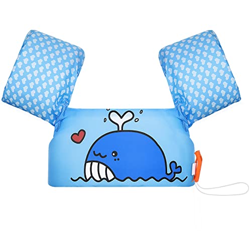 MoKo Kinder Schwimmflügel, Schwimmende Badeanzug Schwimmtraining Jacke Cartoon Schwimmflügel mit Sicherheitsschnalle für 20-50 lb Jungen Mädchen - Dunkelblau&Wal von MoKo