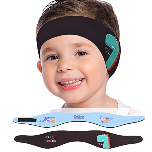 MoKo Schwimmen Stirnband, 2 Pack Neopren Schwimmband Ohrenband Wasserdichtes Kopfband Haarband mit Hohe Elastizität Ohrenschutz Band für Kinder Alter 3-9, M Größe - Schwarz Dinosaurier&Blau Hai von MoKo