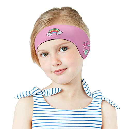 MoKo Schwimmen Stirnband, Neopren Schwimmband Ohrenband Wasserdichtes Kopfband Haarband mit Hohe Elastizität Ohrenschutz Band für Kinder Alter 1-2, S Größe - Rosa&Regenbogen&Meerjungfrau von MoKo