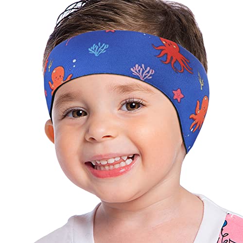 MoKo Schwimmen Stirnband, Neopren Schwimmband Ohrenband Wasserdichtes Kopfband Haarband mit Hohe Elastizität und Klettverschluss Ohrenschutz Band für Kinder Alter 3-9, M Größe - Blaue Krake von MoKo