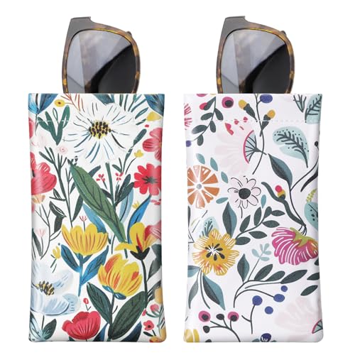 MoKo Weiches Brillenetui, 2 Stück Tragebar Sonnenbrillen Etui PU Leder Anti-Kratzer Sonnenbrillen Aufbewahrungstasche mit Reinigungstuch, Blumen von MoKo