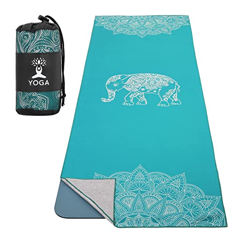 MoKo Yogamatten Handtuch, rutschfest Yoga Handtuch Auflage für Yogamatte Schweißabsorbierend Saugfähig Schnelltrocknend Yogatuch für Pilates Hot Yoga Picknick im Freien - Seeblau/Elefant von MoKo
