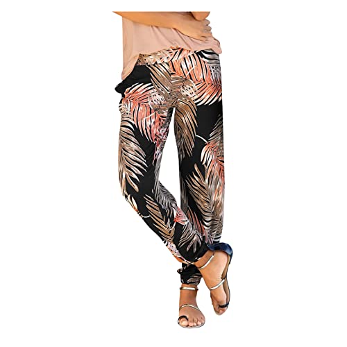 Sommerhose Damen Leicht Boho Strandhose - Lange Haremshose Schlupfhose Freizeithose mit Taschen Straight Bein Hose Stoffhose Sommer Yogahose, S-XXL von Mobanna