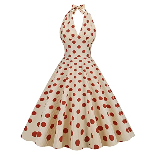 Modaworld Damen Vintage Cocktailkleid Ärmellos Neckholder 1950er Polka Dots Retro Rockabilly Swing Kleid A Linie Faltenrock Knielang Hochzeit Festlich Abendkleid Ballkleid von Modaworld