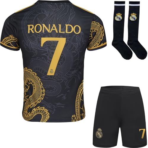 Mokiss R. Madrid Ronaldo #7 Kinder Trikot Fußball Spezielle Golddrachen-Edition, Shorts Socken Jugendgrößen (Schwarz,28) von Mokiss