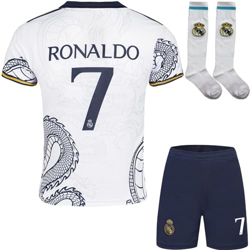 Mokiss R. Madrid Ronaldo #7 Kinder Trikot Fußball Spezielle Weißer Drache Edition, Shorts Socken Jugendgrößen (Weiß,24) von Mokiss