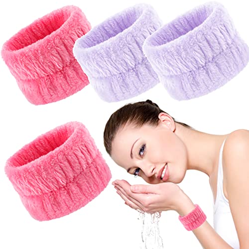 Molain 4 Stück Spa Gesichtswasch Armbänder, Mikrofaser Handgelenktücher zum Waschen des Gesichts saugfähige Gesichts Elastik Armbänder Make up Waschhandtücher für Frauen (helllila, rosa) von Molain