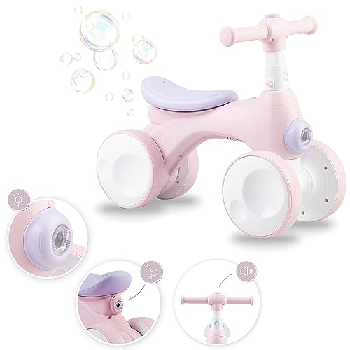 Momi Kinderlaufrad TOBIS für Mädchen und Jungen (max. Körpergewicht 20 kg), Lauf-Vierrad mit Hupe, Leuchte, pannensicheren Kunststoffrädern und Seifenblasen-Anlage Rosa von Momi