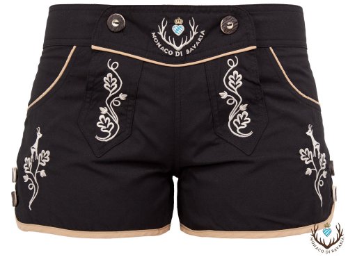 Monaco Di Bavaria Damen Hotpants, Tracht, Lederbadehose, Freizeithose, Badelederhose (schwarz/Gold, M) von Monaco Di Bavaria