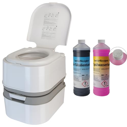 Montafox Campingtoilette 24 Liter - Optional erhältlich: Sanitärflüssigkeiten und Reinigungsspritze - WC + 2 x 1L von Montafox