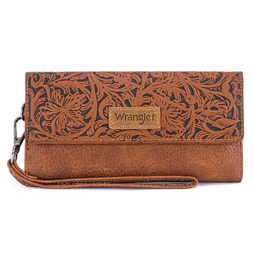 Montana West X Wrangler Western-Geldbörsen für Damen, dreifach gefaltete Handgelenke, große Kapazität, Clutch-Geldbörse mit Münzgeldbörse, Werkzeug-Braun, Western von Montana West