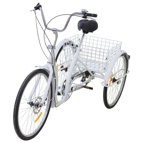 MooBeey 26 Zoll Erwachsenen 3-Räder Fahrrad aus Kohlenstoffstahl, Verstellbare Sitzhöhe Dreiräder Fahrrad mit Einkaufskorb, Cruise Fahrrad Cityräder Tricycle für Outdoor(Höhe: 1.65-1.85m) (Weiß) von MooBeey