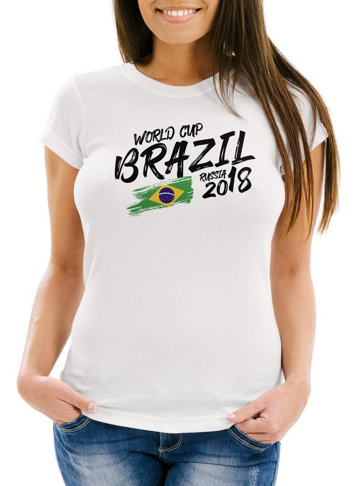 MoonWorks Print-Shirt Damen T-Shirt Fan-Shirt Brasilien Brazil Brasil Fan-Shirt WM 2018 Fußball Weltmeisterschaft Moonworks® mit Print von MoonWorks