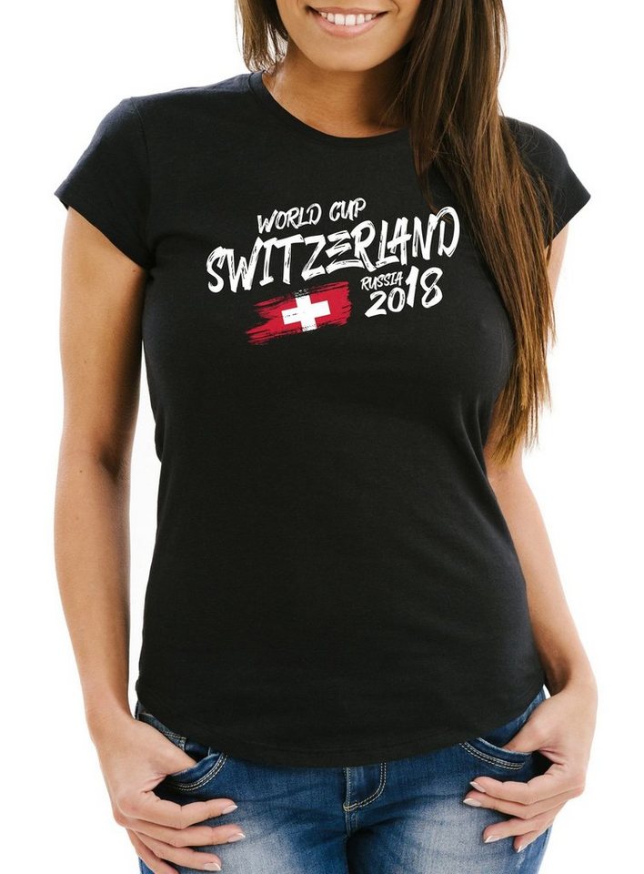 MoonWorks Print-Shirt Damen T-Shirt Schweiz Switzerland Schwiiz Schwiz Fan-Shirt WM 2018 Fußball Weltmeisterschaft Trikot Moonworks® mit Print von MoonWorks