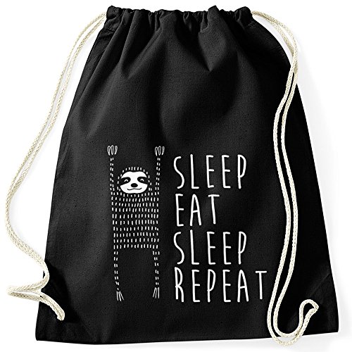 MoonWorks Turn-Beutel mit Spruch Sleep Eat Sleep Repeat Faultier Sporttasche aus Reiner Baumwolle schwarz Unisize von MoonWorks
