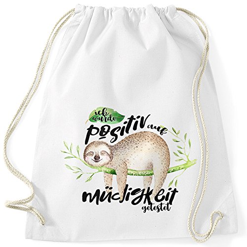 MoonWorks Turnbeutel Faultier Ich wurde positiv auf Müdigkeit getestet Sloth Gymsac Gymbag weiß Unisize von MoonWorks
