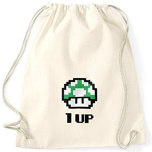 MoonWorks Turnbeutel Geburtstag Retro Pixel-Pilz 1-Up-Pilz Level-Up Gaming Konsole 90er Natur Unisize von MoonWorks
