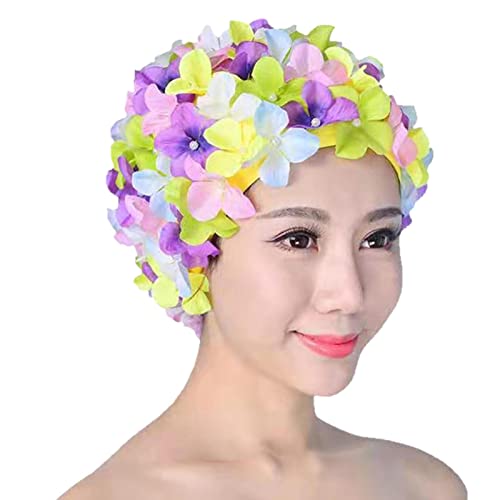 Moonyan Badekappen für Damen,Modische Blumen-Badekappe mit Blumenblättern | Retro-Badekappen für langes/kurzes Haar, Badehut für den Strandurlaub im Schwimmbad von Moonyan