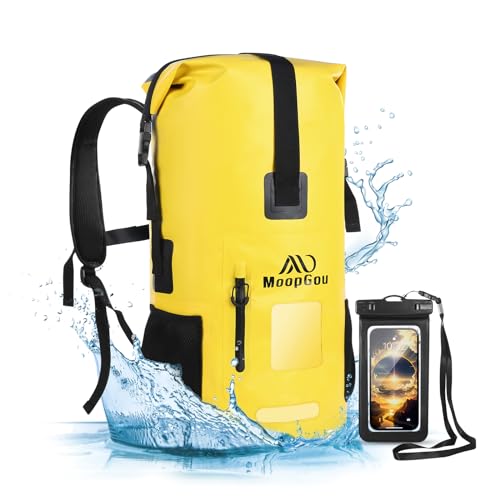 MoopGou Wasserdichter Rucksack, Dry Bag 35l/55l-Roll Top Waterproof Beutel mit Verstellbarer Gepolstertem Schultergurt, wasserdichte Tasche für Kayak, Camping (Gelb 55L) von MoopGou