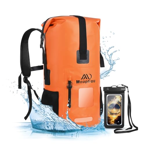 MoopGou Wasserdichter Rucksack, Dry Bag 35l/55l-Roll Top Waterproof Beutel mit Verstellbarer Gepolstertem Schultergurt, wasserdichte Tasche für Kayak, Camping (Orange55L) von MoopGou