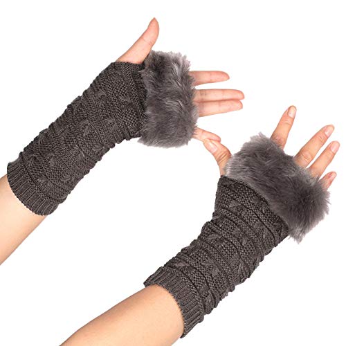 MoreChioce Kunstfell Armstulpen,Damen Winter Wärm Handschuhe Kunstpelz Handwärmer Manschetten Gestrickte Stulpen Handstulpen Armmanschette,Dunkel Grau von MoreChioce