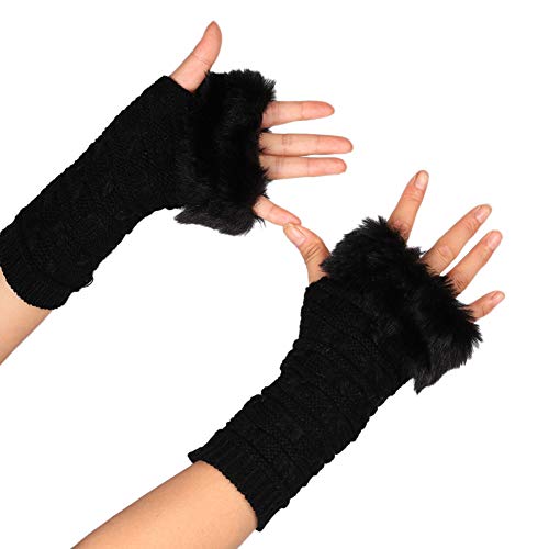 MoreChioce Kunstfell Armstulpen,Damen Winter Wärm Handschuhe Kunstpelz Handwärmer Manschetten Gestrickte Stulpen Handstulpen Armmanschette,Schwarz von MoreChioce