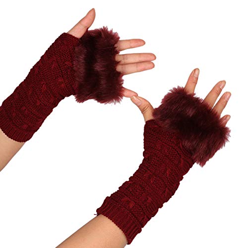 MoreChioce Kunstfell Armstulpen,Damen Winter Wärm Handschuhe Kunstpelz Handwärmer Manschetten Gestrickte Stulpen Handstulpen Armmanschette,Wein Rot von MoreChioce