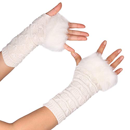 MoreChioce Kunstfell Armstulpen,Damen Winter Wärm Handschuhe Kunstpelz Handwärmer Manschetten Gestrickte Stulpen Handstulpen Armmanschette,Weiß von MoreChioce