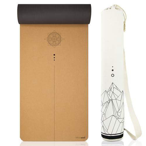 Mosswell Premium Kork-Yogamatte (4mm dick) - Rutschfeste Fitnessmatte mit Hilfslinien - Pilatesmatte + Yogatasche von Mosswell