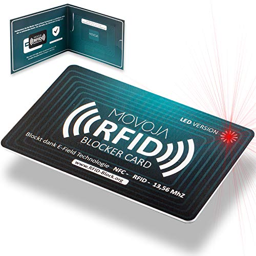 RFID Blocker Karte mit LED Indikator Technologie | Neuster Störsender | Deutsche Marke | Keine Reststrahlung | 100% Schutz Dank E-Field | Keine Schutzhüllen mehr | Kredit-Karte EC Bank NFC 13,56 MHz von Movoja