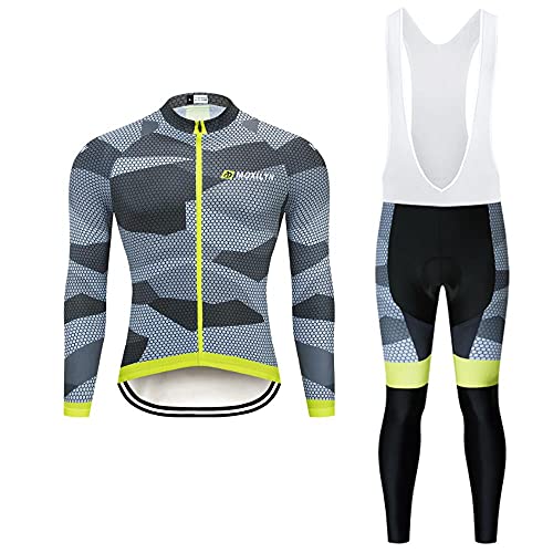 Radtrikot Set Herren Fahrradtrikot, Langarm Set mit 20D-Gel-gepolsterten Langarm Trägerhose Radhose, Atmungsaktiv Elastische Schnell Trocknend Fahrradbekleidung Set für Radfahren MTB von Moxilyn