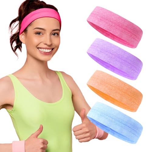 4 Stück Sport Stirnband Schweißband Elastic Haarband Anti-Rutsch Stirnband Feuchtigkeitstransport Athletisch Baumwollfrottee Für Fitness, Joggen, Laufen, Rad, Wandern, Tennis Und Yoga(4 Farben) von Mozeat Lens