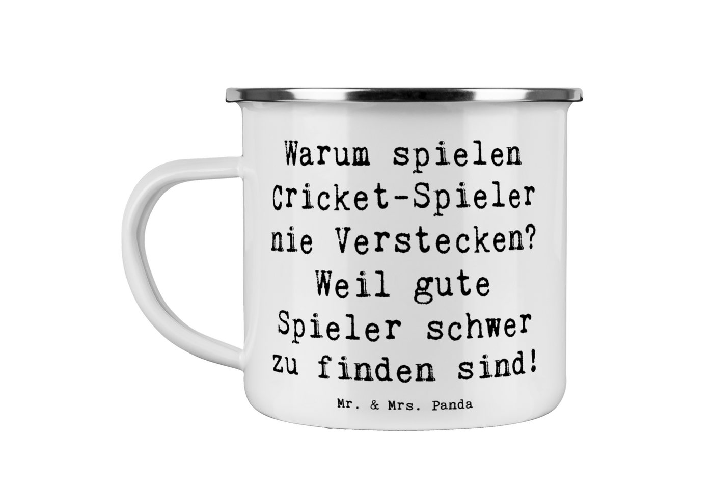 Mr. & Mrs. Panda Becher Cricket Witz - Weiß - Geschenk, Geduld, Camping Tasse Metall, Metallt, Emaille, Ästhetisch & langlebig von Mr. & Mrs. Panda