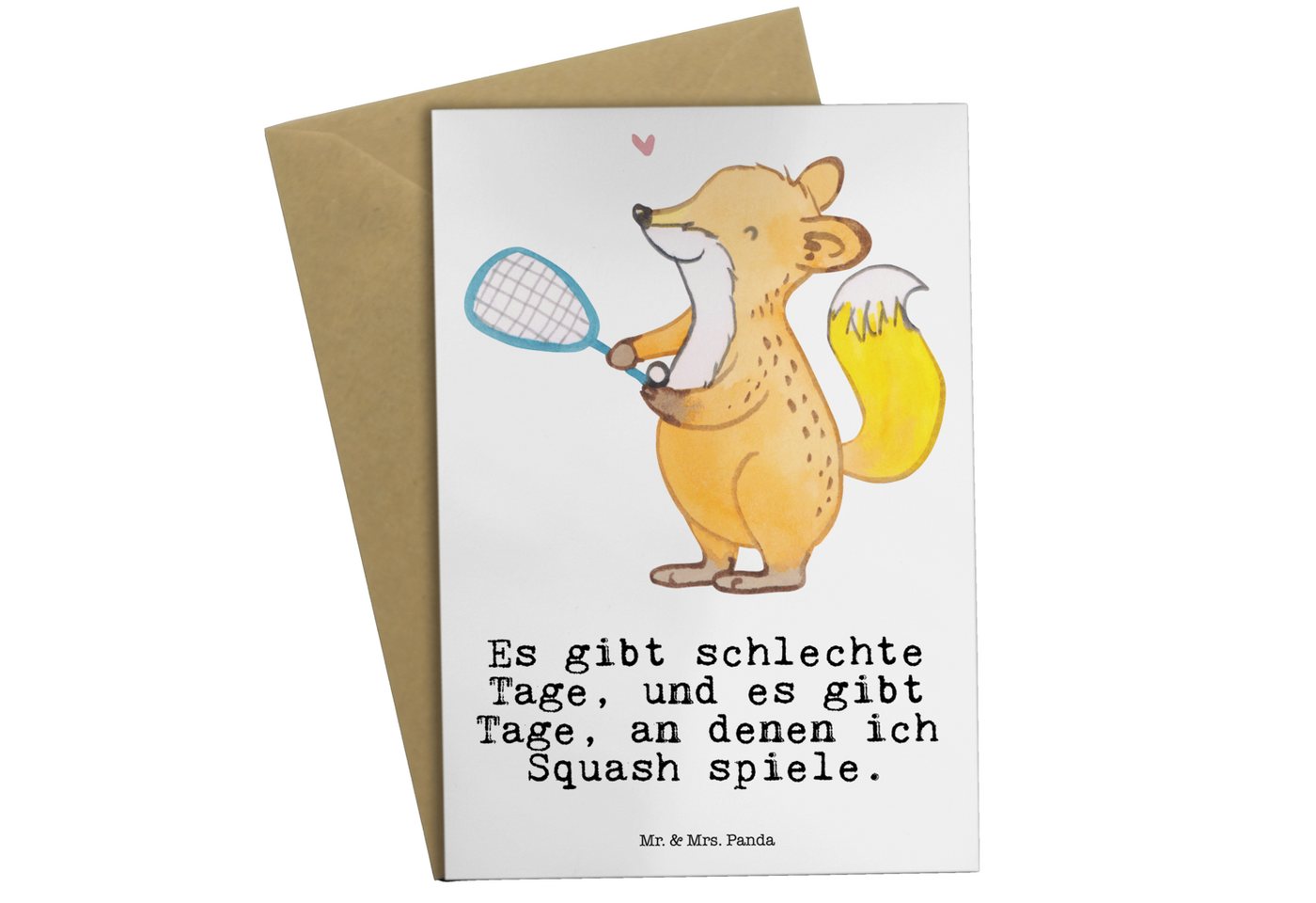 Mr. & Mrs. Panda Grußkarte Fuchs Squash spielen - Weiß - Geschenk, Grußkarte, Ballsport, Hobby, Hochglänzende Veredelung von Mr. & Mrs. Panda