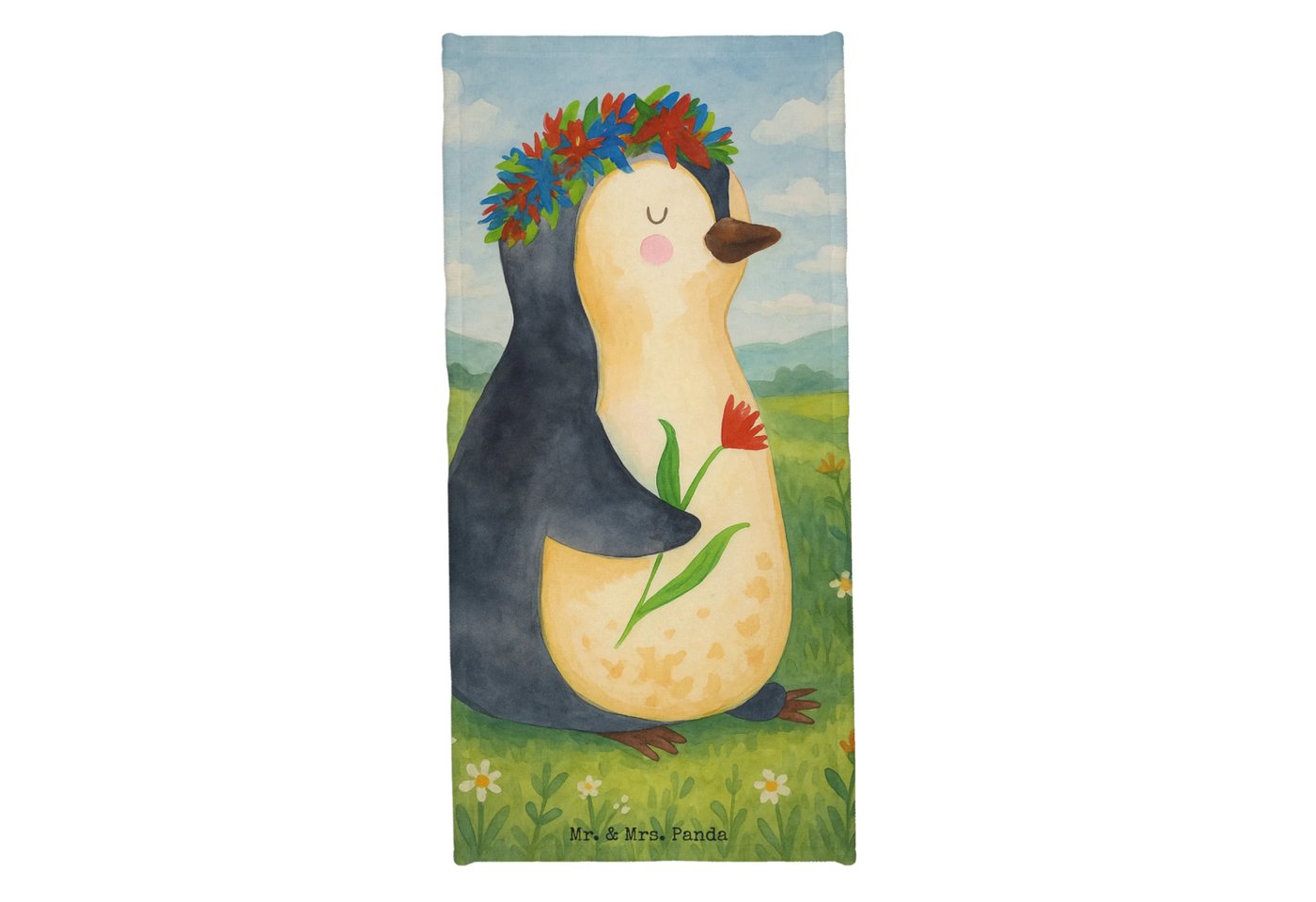 Mr. & Mrs. Panda Handtuch Pinguin Blumen Design - Weiß - Geschenk, Blumenliebe, Lebenslust, Str, Kunstfaser (Packung, 1-St), Fröhliche Motive von Mr. & Mrs. Panda