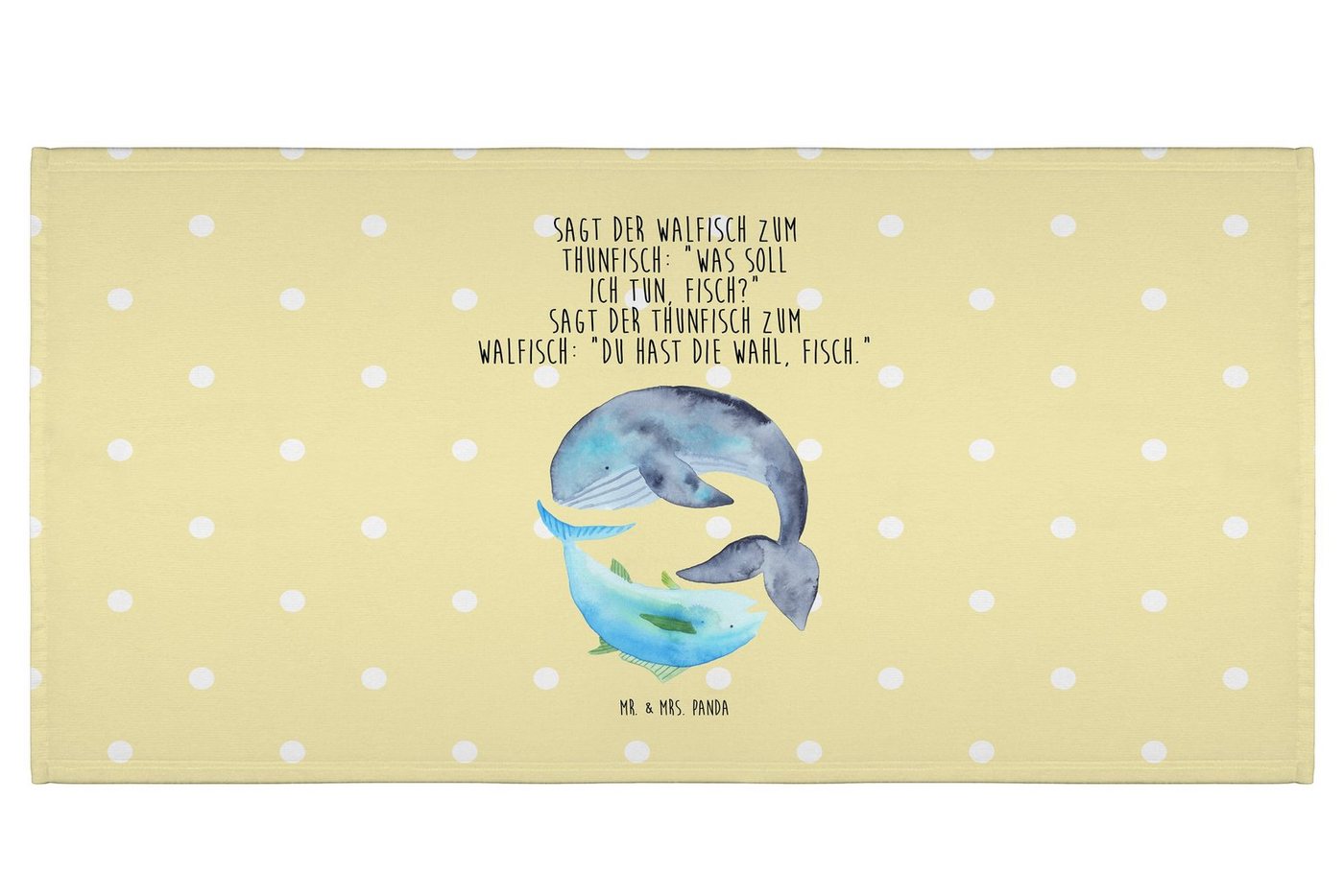 Mr. & Mrs. Panda Handtuch Walfisch Thunfisch - Gelb Pastell - Geschenk, lustige Sprüche, Baumwo, Kunstfaser (Packung, 1-St), Besondere Motive von Mr. & Mrs. Panda