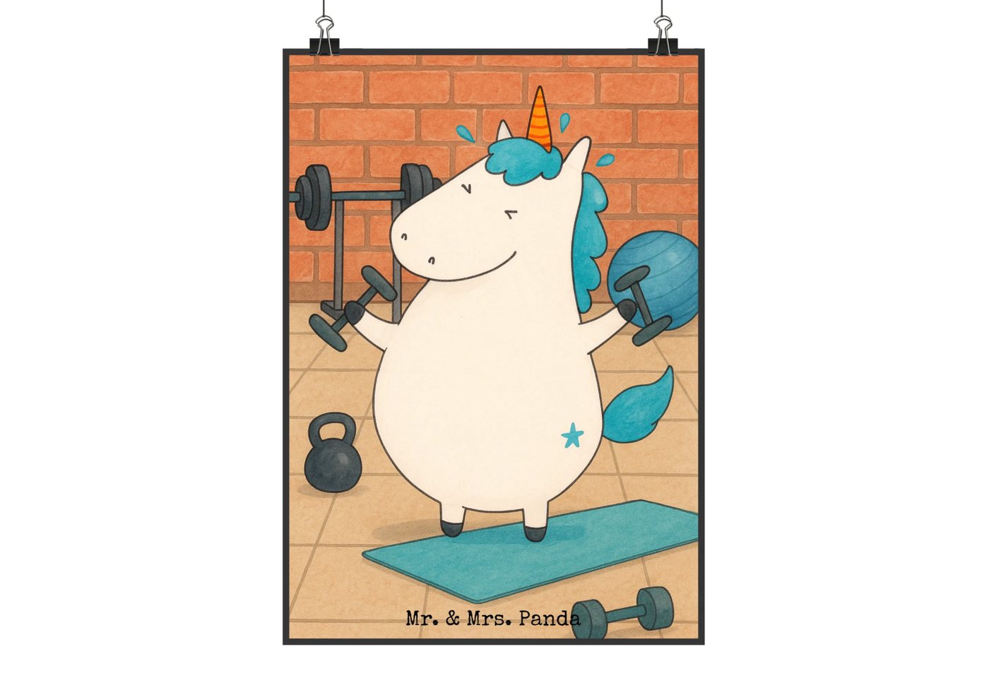 Mr. & Mrs. Panda Poster Einhorn Fitness Design DIN A1 - Weiß - Geschenk, Geräte, Wanddeko, Ki, Einhorn Fitness (Packung, 1 St), Zauberhafte Designs von Mr. & Mrs. Panda