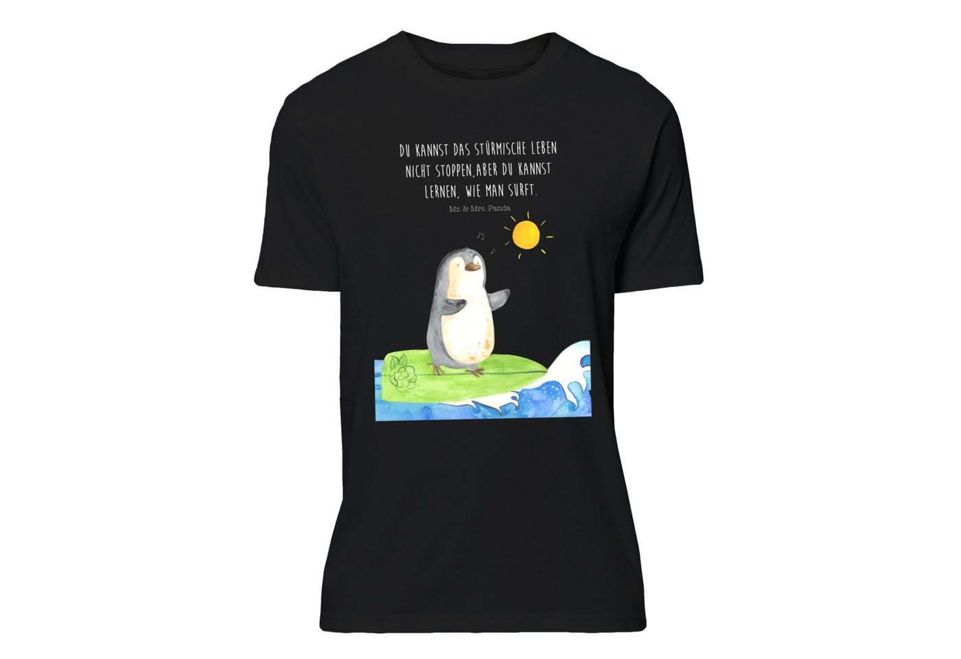Mr. & Mrs. Panda T-Shirt Pinguin Surfer - Schwarz - Geschenk, Tshirt, Shirt, Wellen reiten, Po (1-tlg) von Mr. & Mrs. Panda