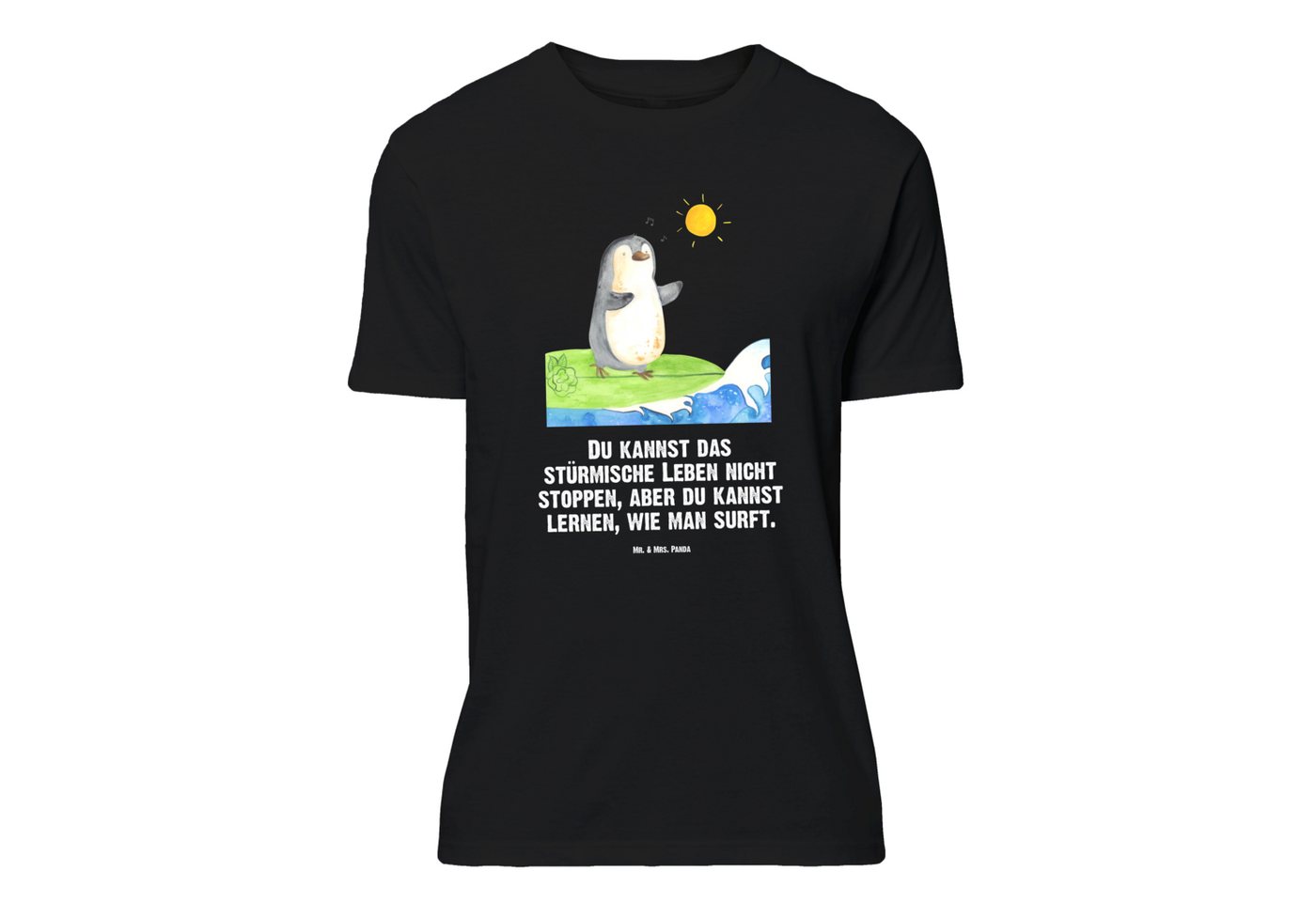 Mr. & Mrs. Panda T-Shirt Pinguin Surfer - Schwarz - Geschenk, Urlaub, Lustiges T-Shirt, Sprüch (1-tlg) von Mr. & Mrs. Panda