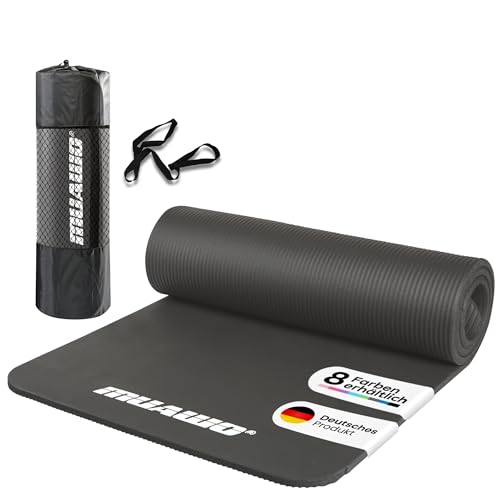 Muawo Premium Sportmatte und Fitnessmatte, perfekt als Yogamatte, Gymnastikmatte, Trainingsmatte | rutschfest | extra-dick & extra-lang | 190 cm Länge x 60 cm Breite x 1,5 cm Dicke (Grau) von Muawo