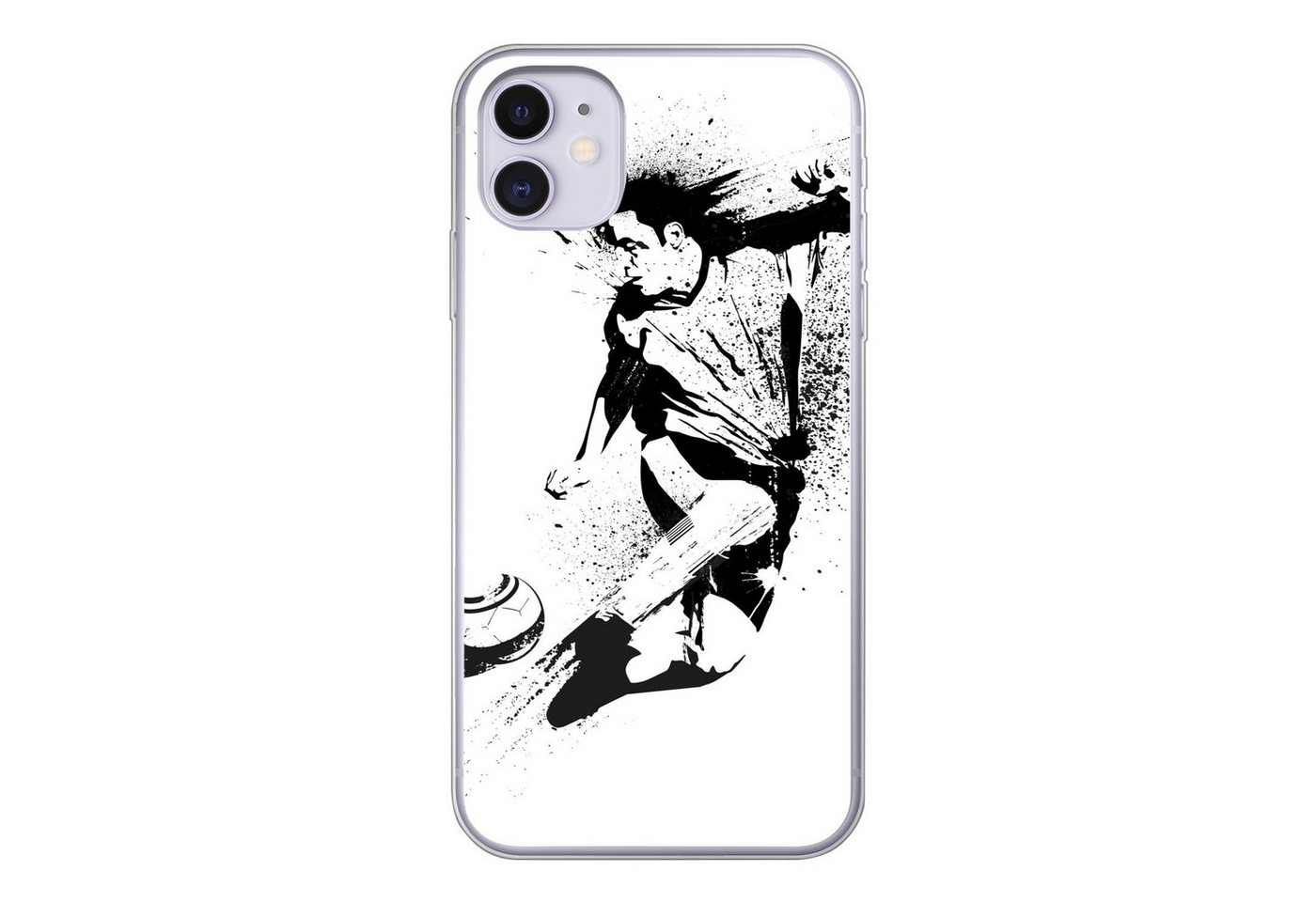 MuchoWow Handyhülle Eine Illustration einer Person, die einen Fußball in Richtung Tor, Handyhülle Apple iPhone 11, Smartphone-Bumper, Print, Handy von MuchoWow