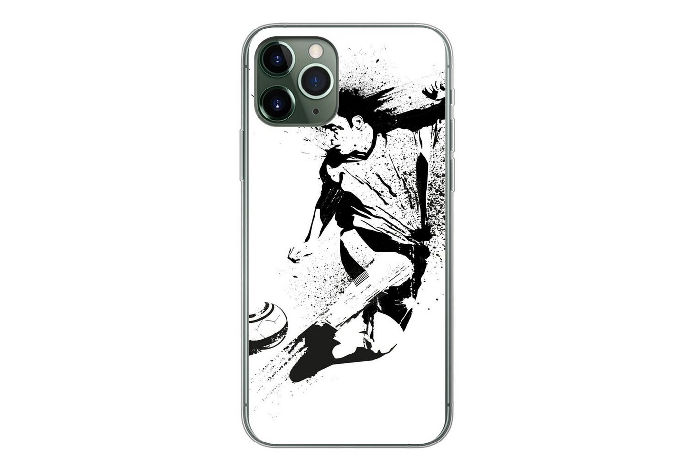 MuchoWow Handyhülle Eine Illustration einer Person, die einen Fußball in Richtung Tor, Handyhülle Apple iPhone 11 Pro, Smartphone-Bumper, Print, Handy von MuchoWow