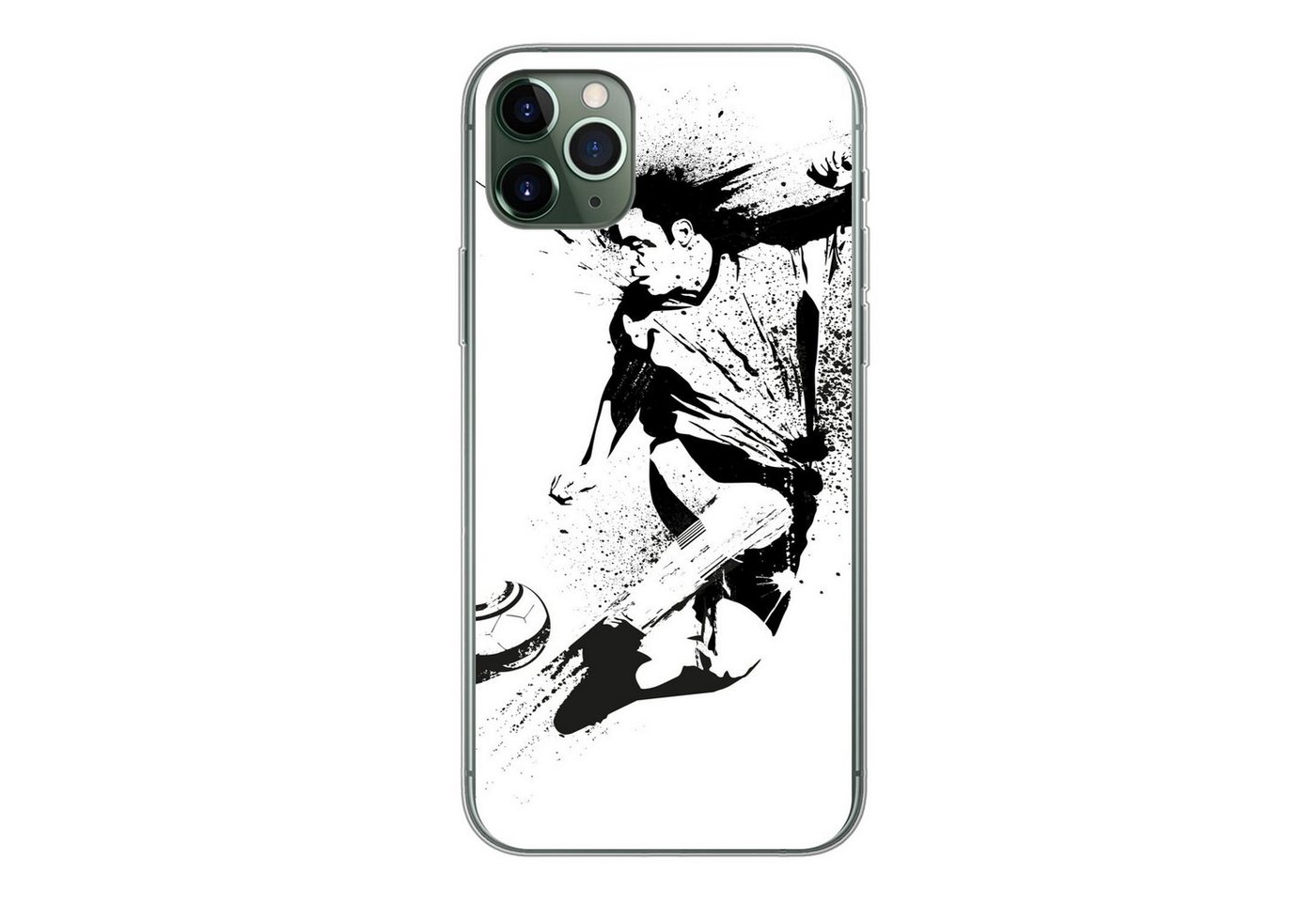 MuchoWow Handyhülle Eine Illustration einer Person, die einen Fußball in Richtung Tor, Handyhülle Apple iPhone 11 Pro Max, Smartphone-Bumper, Print, Handy von MuchoWow