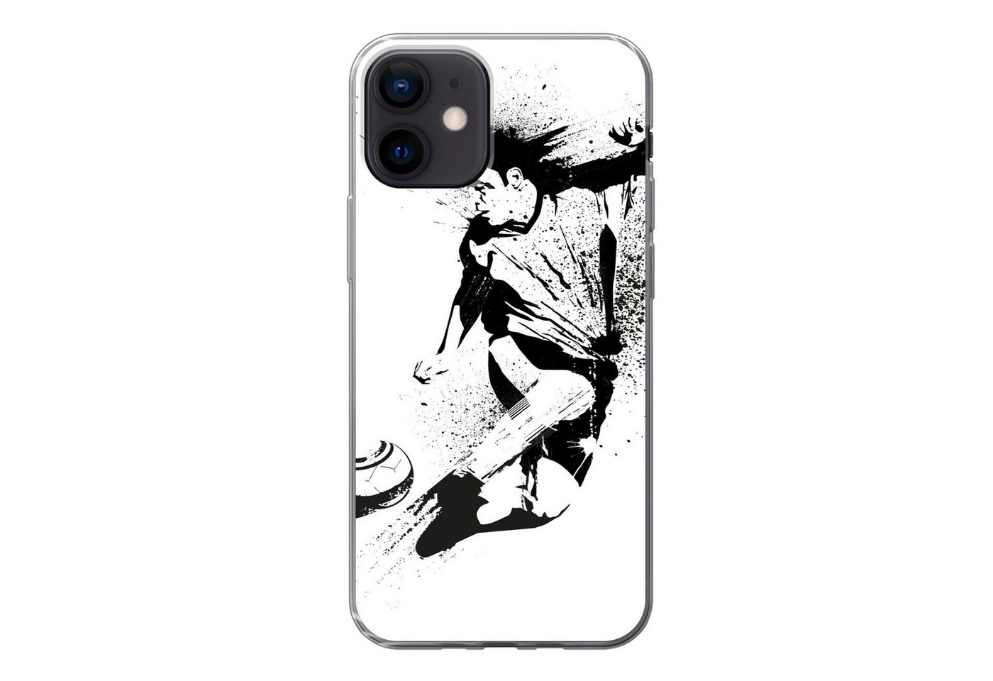 MuchoWow Handyhülle Eine Illustration einer Person, die einen Fußball in Richtung Tor, Handyhülle Apple iPhone 12, Smartphone-Bumper, Print, Handy von MuchoWow