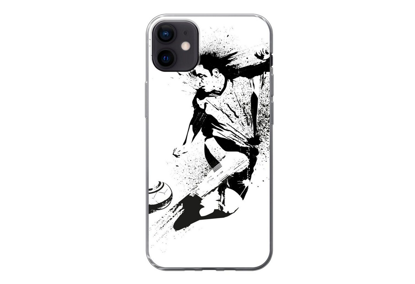 MuchoWow Handyhülle Eine Illustration einer Person, die einen Fußball in Richtung Tor, Handyhülle Apple iPhone 12 Mini, Smartphone-Bumper, Print, Handy von MuchoWow