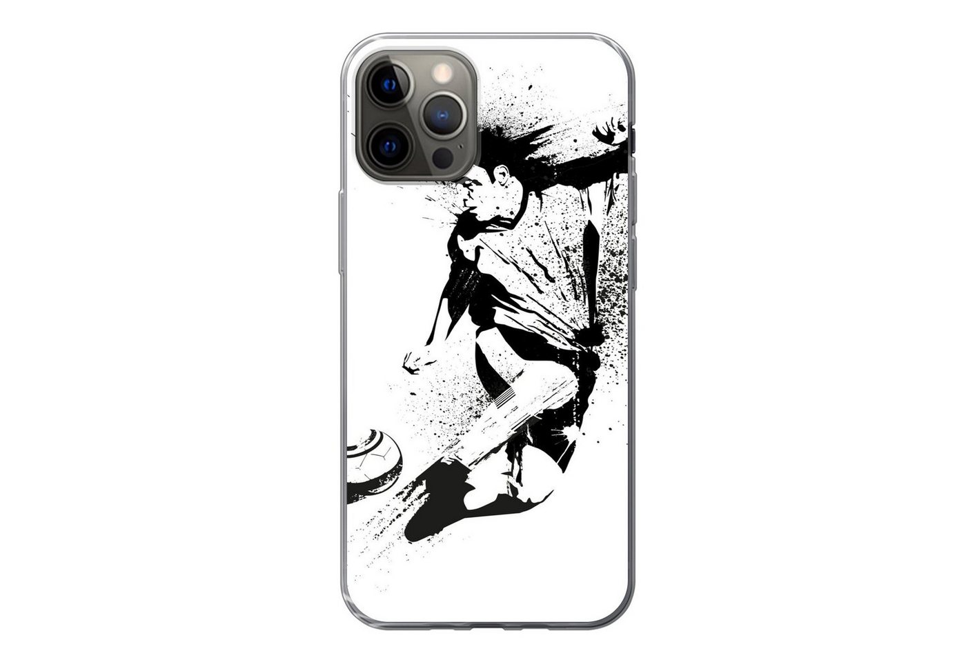 MuchoWow Handyhülle Eine Illustration einer Person, die einen Fußball in Richtung Tor, Handyhülle Apple iPhone 12 Pro, Smartphone-Bumper, Print, Handy von MuchoWow