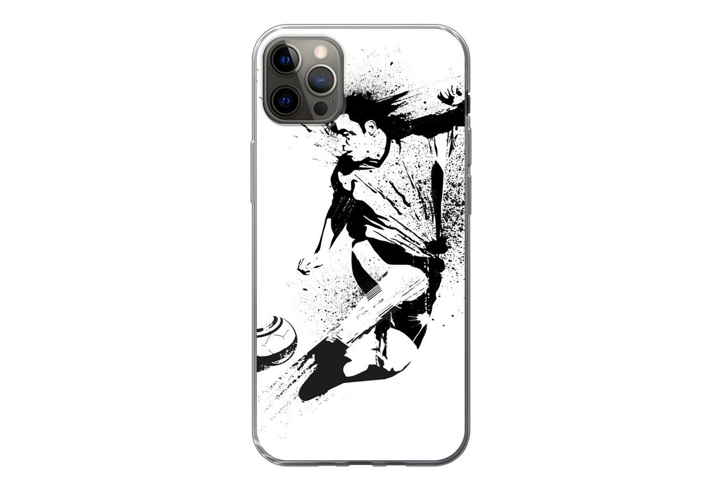 MuchoWow Handyhülle Eine Illustration einer Person, die einen Fußball in Richtung Tor, Handyhülle Apple iPhone 12 Pro Max, Smartphone-Bumper, Print, Handy von MuchoWow